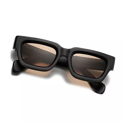 Classic Matte Black Thick Square Frame Chunky Brown Tinted Lens Sunglasses • $15.99