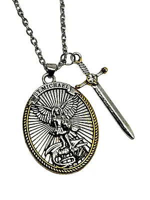 £5.90 • Buy St Michael Catholic Archangel 18  Chain Necklace Pendant CZ Gem Sword & Prayer