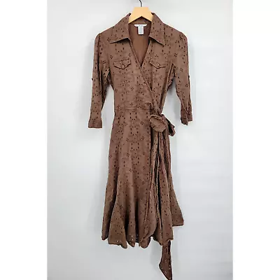 CAbi Eight Brown Eyelet Wrap Dress Collared V Neck Midi Fit & Flare Tie Belted • $38.95