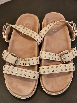 Vince Camuto Ciandra SZ 8 1/2 M BOHO Slides Buckle Studded Strap Sago Beige • $34.97