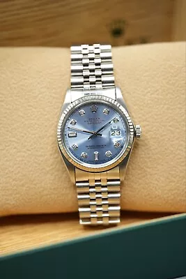 Gents Steel & White Gold Rolex Datejust 36mm 16014 Custom Ice Blue Diamond Dial • £5495