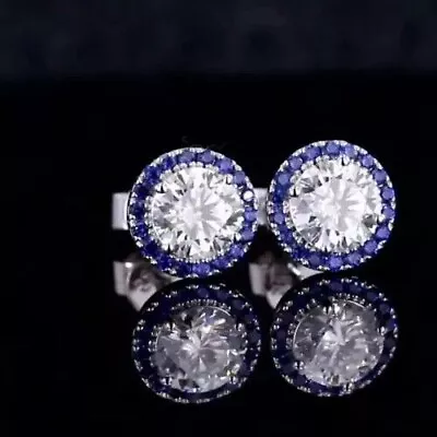 3Ct Round Lab Created Diamond Sapphire Halo Stud Earrings 14K White Gold Plated • $90