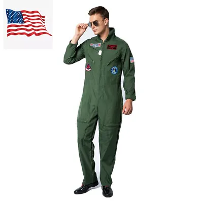 Mens Flight Suit Top Aviator Costume Gun Pilot Flying Uniform Fancy Dress 1980s • $36.99