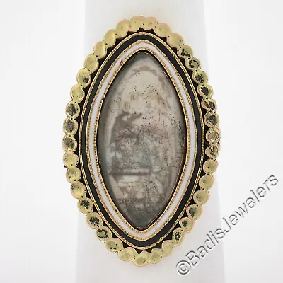 Antique Victorian 12k Yellow Gold Enamel Work Engraved Mourning Navette Ring • $1118.40