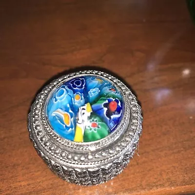 Murano Millefiori Round Trinket Pill Box Ornate Silver Plate • $65