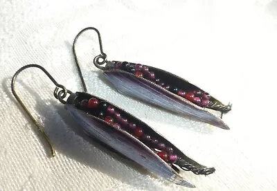 STERLING SILVER VINTAGE PURPLE ENAMEL Chinese GARNET Beads In A Pod EARRINGS • $24.50