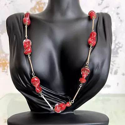 Vintage Sommerso Venetian Glass Bead Red With Gold Twisted Link Necklace 72cm • £23.98