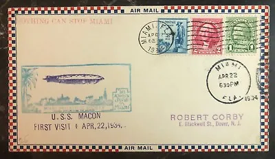 1934 USS Macon Airship Zeppelin First Visit Cover Miami FL TO ST DOVER NJ • $29.74