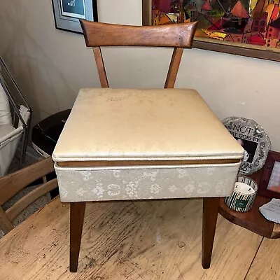 Mid Century Modern Sewing Chair Side Storage Teak Wood White Vintage Craft Seat • $135