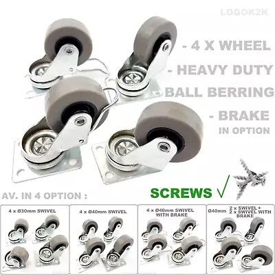 £11.20 • Buy 4 X Heavy Duty Ø 30 40 Mm Swivel - Brake Castor Wheels Trolley Furniture Rubber