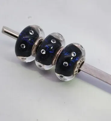 £17.22 • Buy Lot Of 3 Sterling Silver PANDORA Murano Glass Charms Beads Cobalt Blue W/ Dots