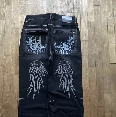 Y2k Baggy Black Wing Embroidered Jeans 34x32 • $85