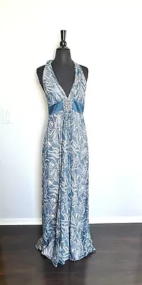 BCBGMaxAzria Silk Teal Print Maxi Dress Halter Size 4 Gown Wedding Guest • $50