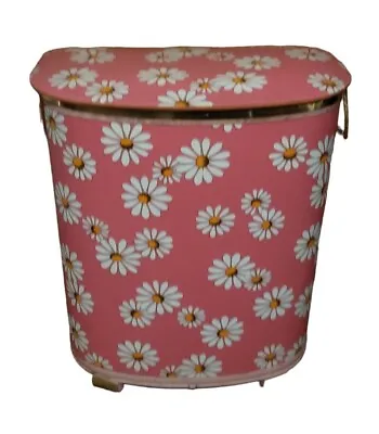 Vintage Mid Century Laundry Hamper Pink Daisy Flower Power Wicker Clothes NICE • $140