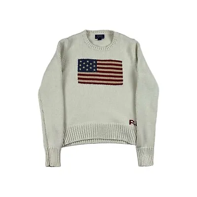 Ralph Lauren Polo Girls USA Flag Knit Round Neck Jumper Sweater White Large Girl • £79.99