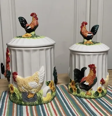Farmhouse Style Rooster And Hens Canister Kitchen Cookie Jar With Lid Set Of 2 • $22