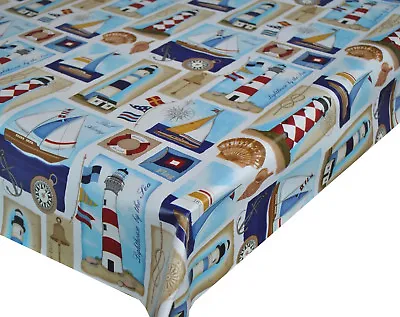 Pvc Table Cloth Lighthouse Nautical Patchwork Compass Ship Sailor Blue Wipe Able • £11.99