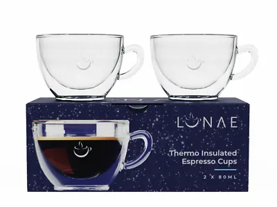 £16.95 • Buy Espresso Glass Cups, Double Walled Coffee Glasses, Set Of 2 X 80ml By Lunae