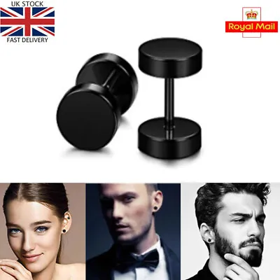 Black Earring Barbell Punk Surgical Steel 316L Stud Earrings Men Women Round UK • £3.59