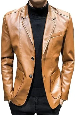 Men's Genuine Lambskin Leather Blazer Jacket BUTTON Classic Coat Tan • $142.49