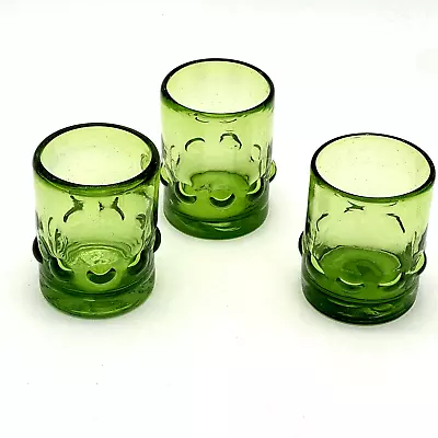 Hand Blown Mexican Green Glasses Old Fashioned Hobnail Button Design - Set Of 3 • $19.02