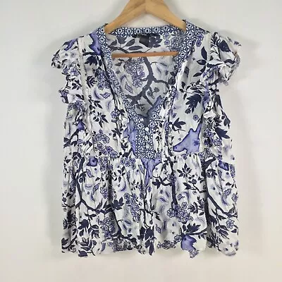 Desigual Womens Blouse Top Size XL White Floral Short Sleeve Vneck Viscose080299 • $22.95