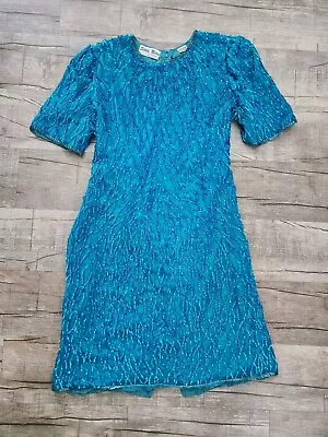 Vintage Silky Nites Newyork Silk Cocktail Sequin Dress Turquoise With Beads • $18.98