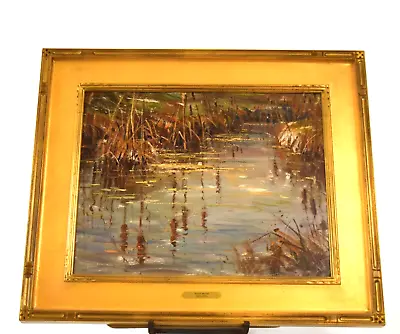Gold Framed Signed Oil Painting Wayne Morrel 1923-2013  Marsh Pond Moods  • $950