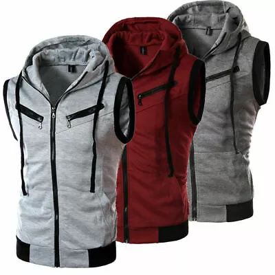 Mens Sleeveless Zip Hoodie Bodybuilding Vest Muscle Gym Tank Tops Wasitcoat • £19.19