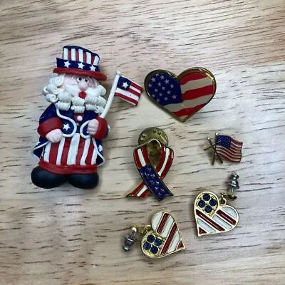 American Pride Vintage Pin & Earring Lot Uncle Sam”Character Hearts & Flags • $28