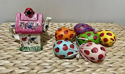 Ladybug Teapot And Decorative Hanging Eggs Easter • $5.99