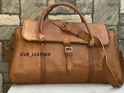 24  Leather Travel Duffel Men Vintage Flap Over Luggage Overnight Weekend Bag • $66.51