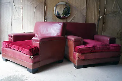 Antique Pair Of Mid-20thC Red Leather & Velvet Upholstered Club Armchairs C.1940 • £1350