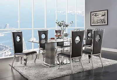 Glamorous Dining Room Furniture 7 Piece Glass Top & Chrome Table Chairs Set ICBI • $2835.74