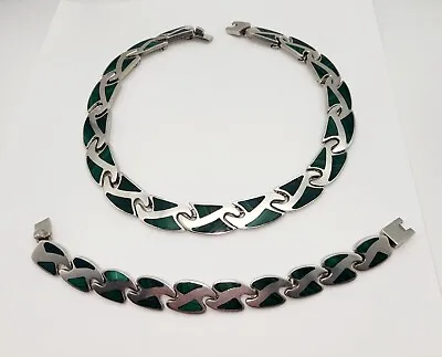 Vintage Taxco Mexico Malachite Inlay 950 Sterling Silver Necklace & Bracelet Set • $359