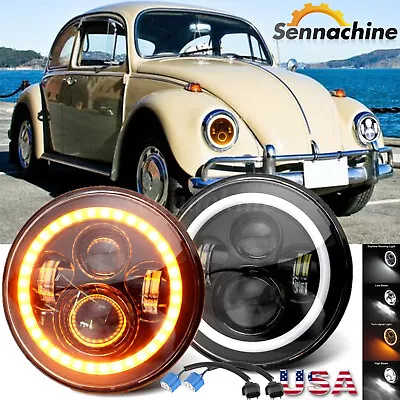 For 1950-1979 VW Beetle Pair 7  Inch Round LED Headlights Hi/Low Beam Halo DRL • $36.99