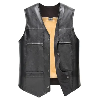 Mens Vest PU Black Leather Vest Warm Biker Motorcycle Waistcoat Autumn Winter • $12