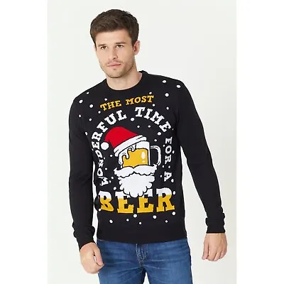 Studio Mens Wonderful Beer Christmas Jumper Sweater Pullover Top Black • £19.99