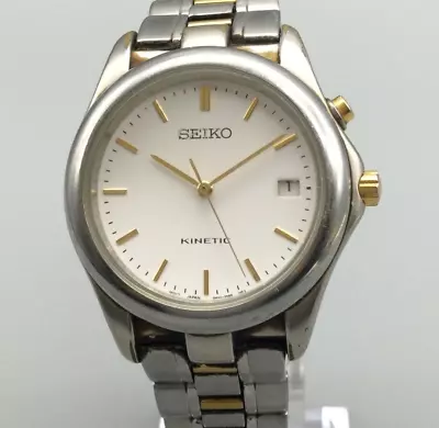 Seiko Kinetic Automatic Watch Men Silver Gold Two Tone Date 5M42-0K69 Date 7  • $97.49