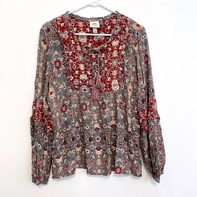 KNOX ROSE Gray Ish Blue Ish Red Floral Tie Neck Long Sleeve Peasant Blouse Large • $22.49