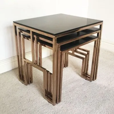 £30 • Buy QUALITY MODERN NEST OF 3 TABLES LACQUERED BRONZE FRAMES With BLACK GLASS TOPS