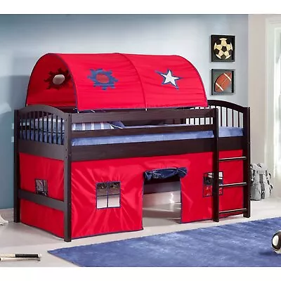 $580.90 • Buy Espresso Wooden Junior Loft Twin Bunk Bed Blue Red Tent Kids Play Area Ladder