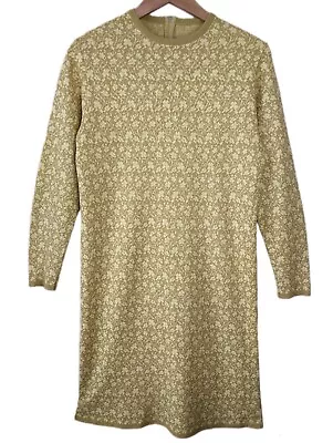 60s Vintage Knit Dress Floral Shift Neutral Office Mad Men 12 Retro • £11