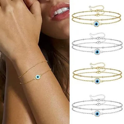 Lucky Blue Evil Eye Bead Bracelet Gold Plated Chain Women Men Jewelry Adjustable • $1.60