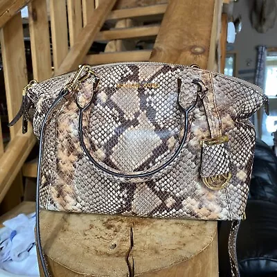 Michael Kors Riley Black Tan Beige Python Embossed Leather Satchel Crossbody • $44.99