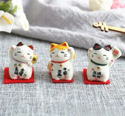 3pcs Japanese Ceramics Maneki Neko Lucky Cat Figurines Waving Fortune Decor Set • £6.36