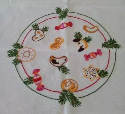 Vintage German Embroidered Christmas Tablecloth Candy Bird Balsam 30  • $29.99