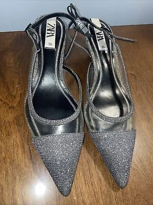 $17.09 • Buy Zara Clear And Sparkle Silver Sling Back Pointed Shoe Size 36(5.5/6) New