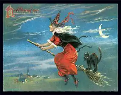 Poster Halloween Night Witch Flying Broom Black Cat Moon Vintage Repro Free Sh • $11.90