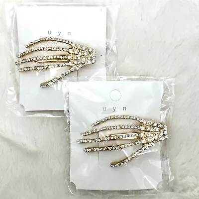 Two (2) UYN Skeleton Hand Hair Clips Gold Tone Metal With Clear Rhinestones New • $15